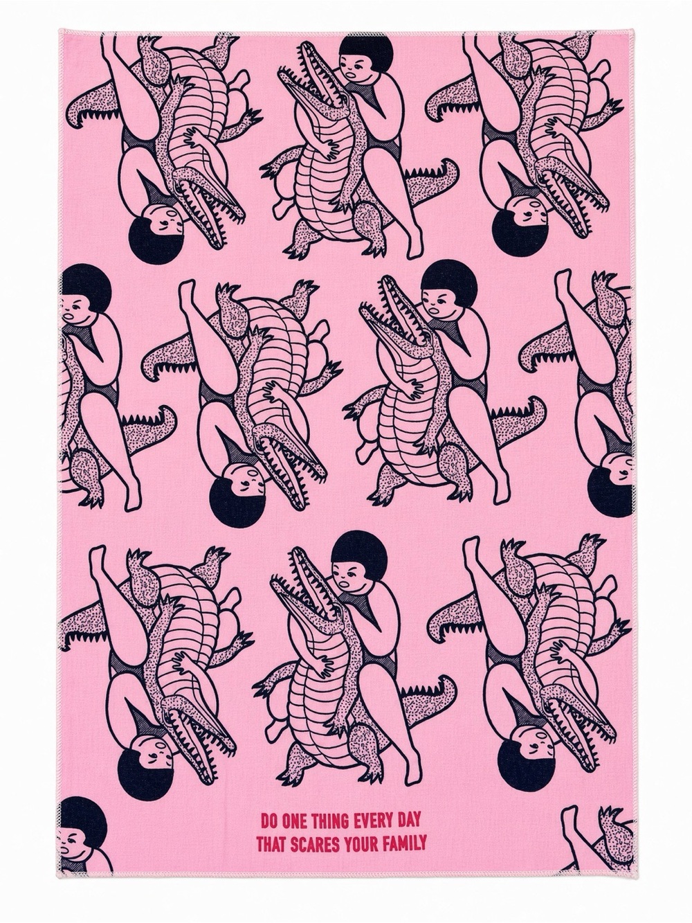 Funny pink dish / tea towel with a repeating print of a person wrestling an alli